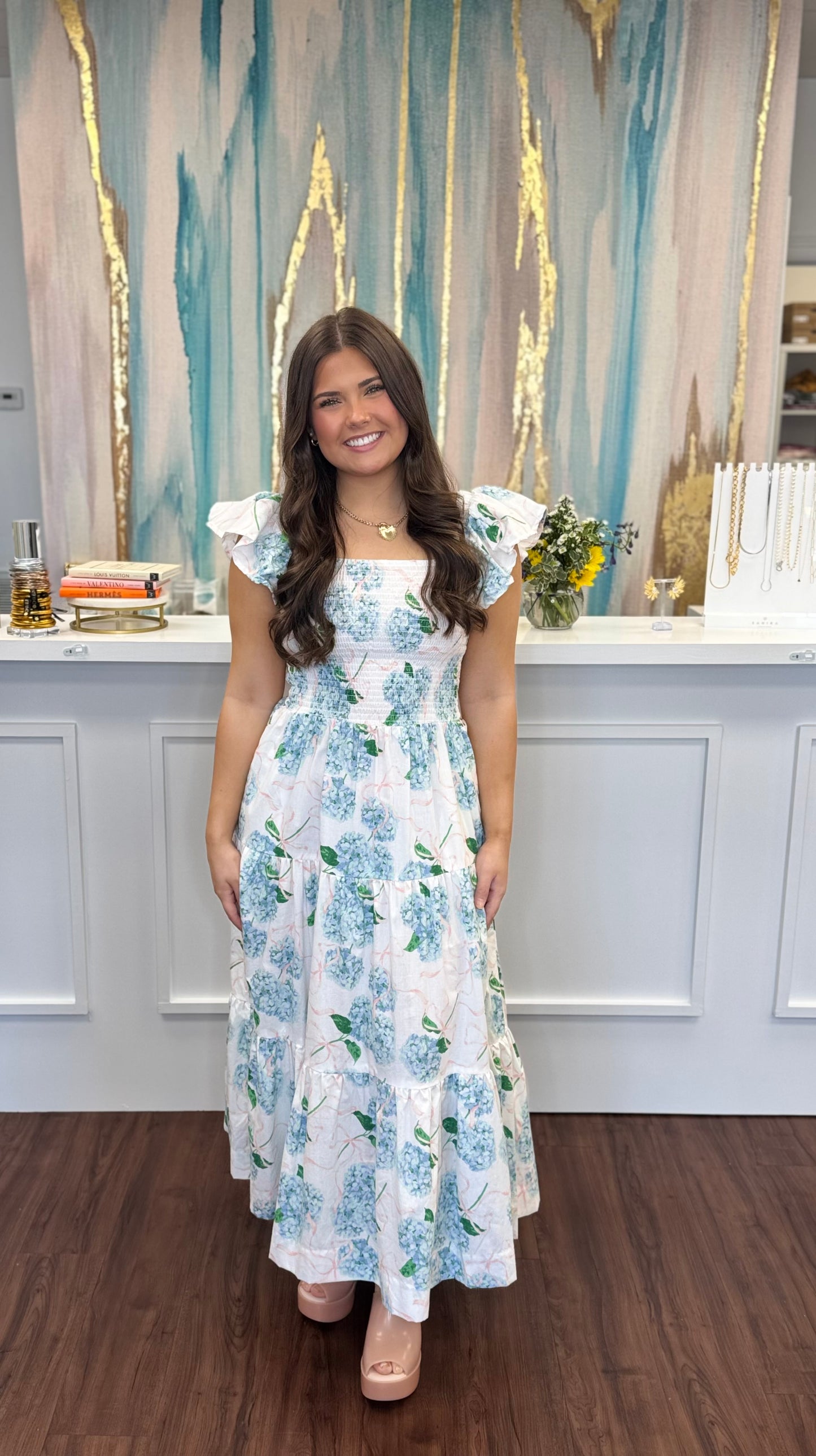 Hydrangea Ribbons Smocked Maxi