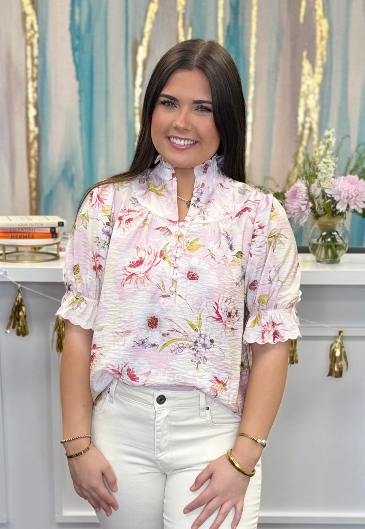 Pink Ruffle Stand Collar Top