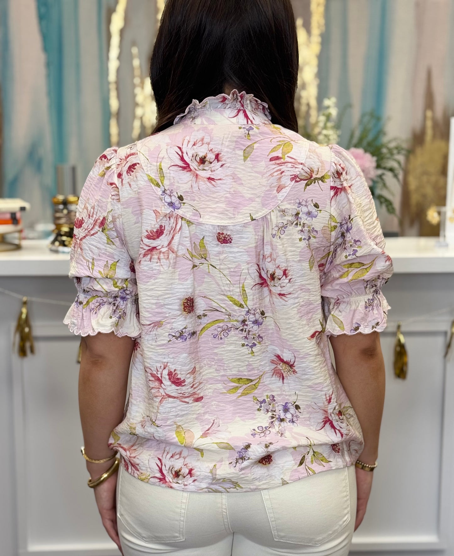 Pink Ruffle Stand Collar Top