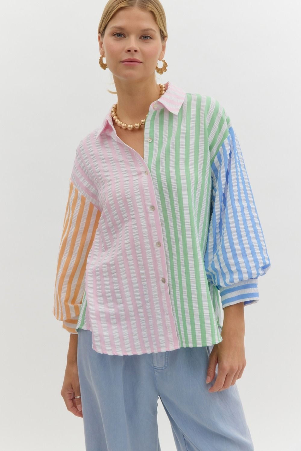 Color Block Button Up Top