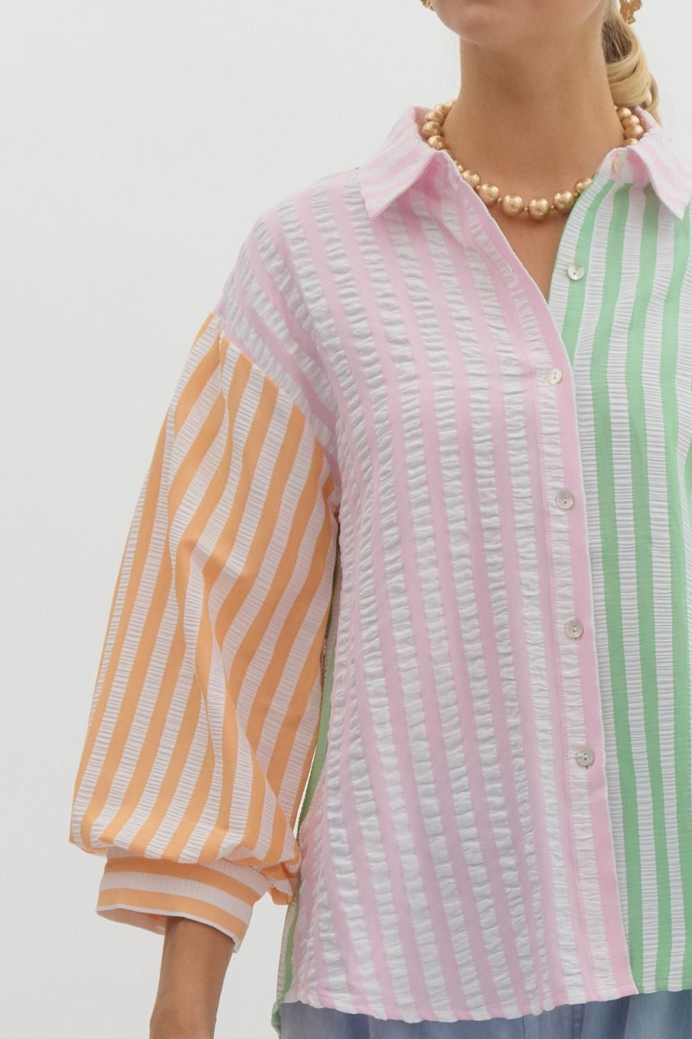 Color Block Button Up Top