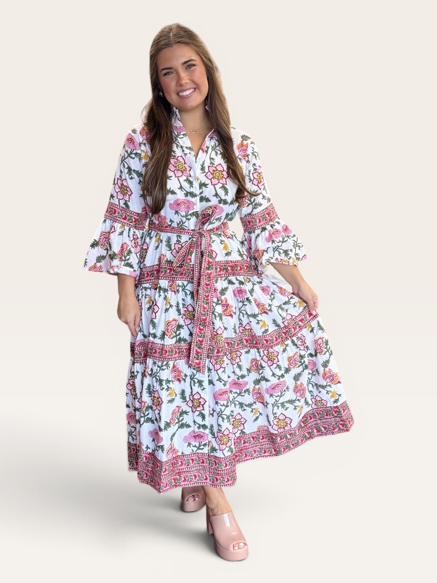 Pink Chinoiserie Bell Sleeve Maxi Dress