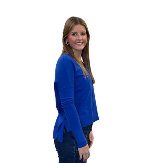 Wagner V Neck Vertical Piping Hi Lo Hem Side Slit Top in Blue Victoire