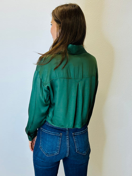 Rory Green Front Button Long Sleeve Transitional Crop Top