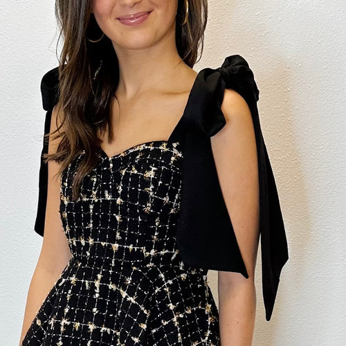 Carter Scorpio Black Gold Tweed Bow Strap Bustier Mini Dress