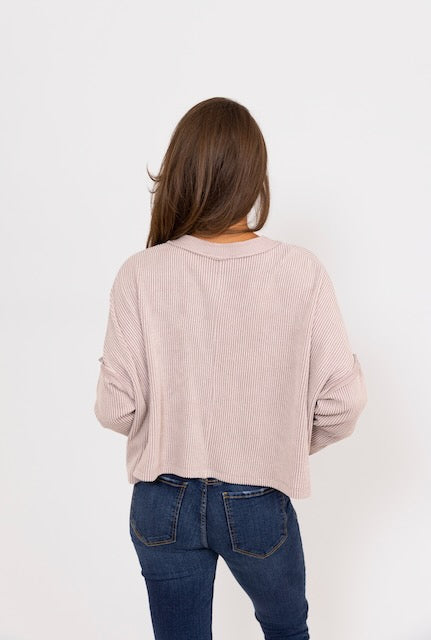 Mauve Ribbed V Neck Center Seam Cozy Sweatshirt Top
