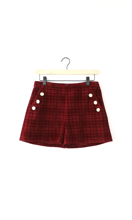 Tricia Merlot Plaid Vintage Gold Button Side Zip Pocket Short