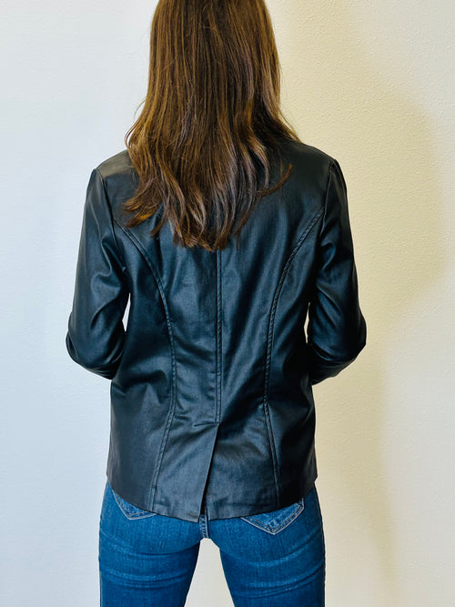 Atta Girl Coated Faux Front Pocket Two Button Black Blazer
