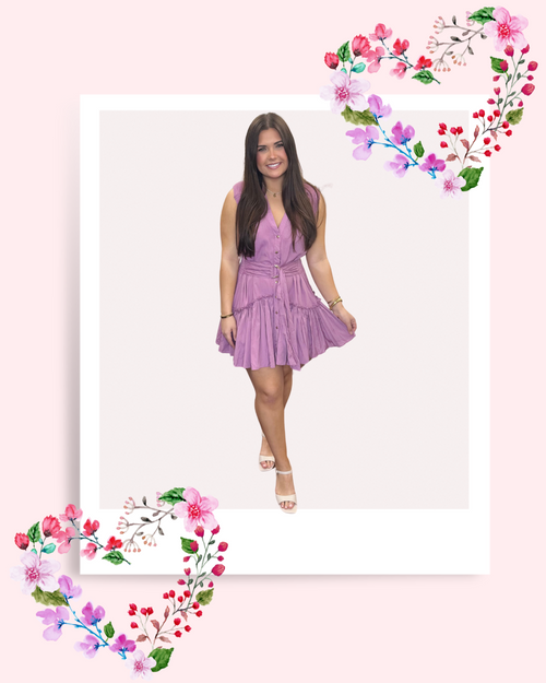 Lagos V Neck Shirred Ruffle Shoulder Belted Button Front Mini Dress