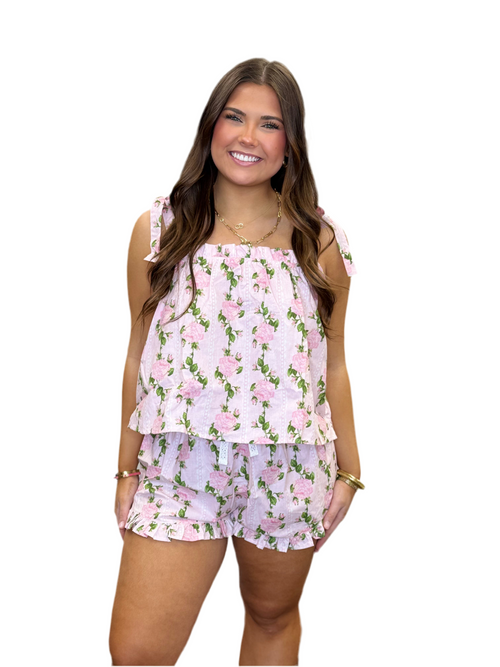 Tie Top Ruffle Short Woven Cotton PJ Set in Vintage Rose Pink