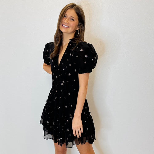 Clementine Comet Shimmery Star Print Puff Sleeve Tiered Mini Dress