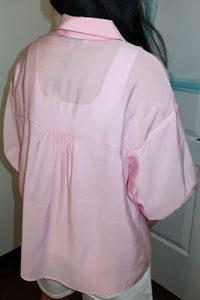 Pink Balloon Sleeve Button Down Top