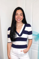 Yona Striped Short Sleeve V-Neck Sweater Top