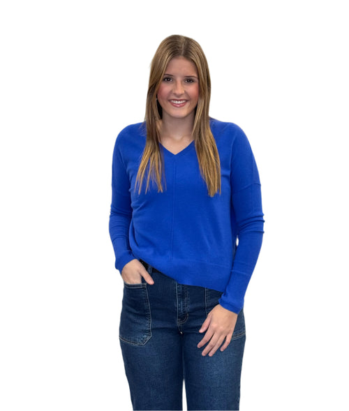 Wagner V Neck Vertical Piping Hi Lo Hem Side Slit Top in Blue Victoire