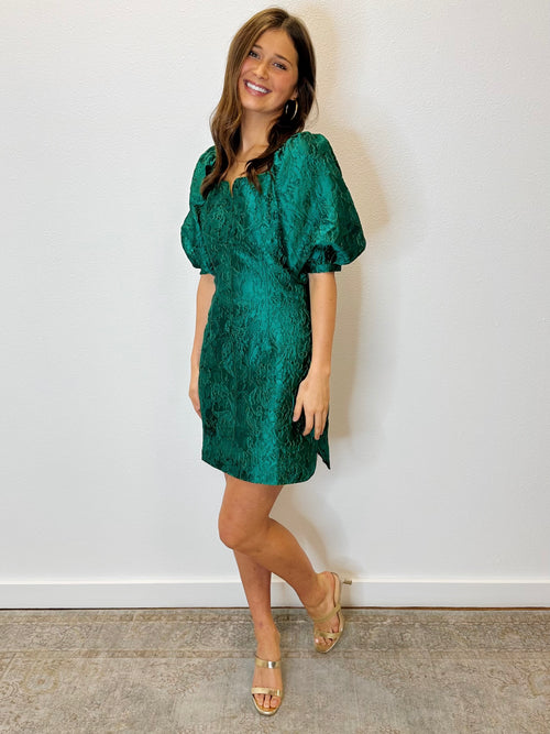Harlo Emerald Green Brocade Back Zip Puff Sleeve Mini Dress