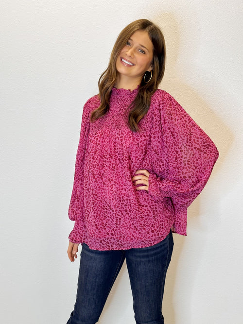 Magenta Leopard Print Smocked Ruffle Neck Balloon Sleeve Top