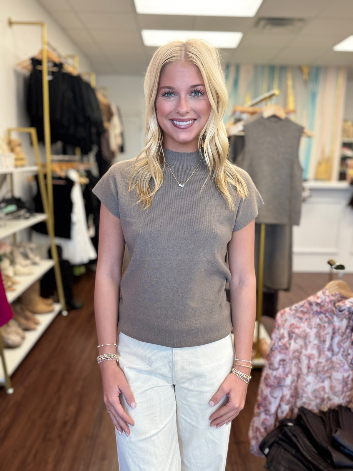 Fine Ribbed Mock Neck Short Sleeve Top in Khaki or Navy | Molly Bracken