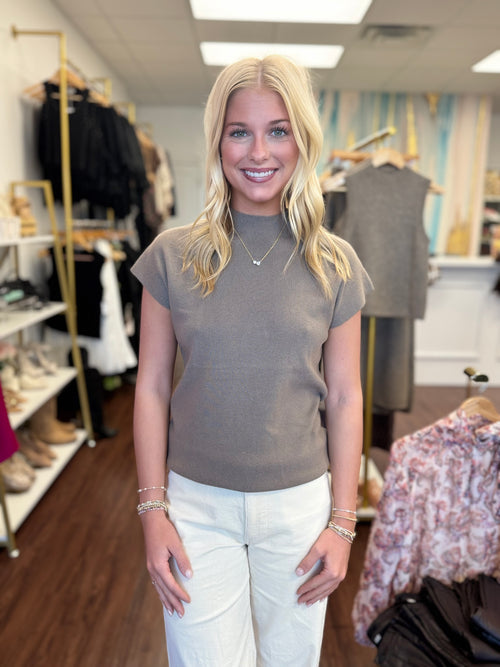 Fine Ribbed Mock Neck Short Sleeve Top in Khaki or Navy | Molly Bracken