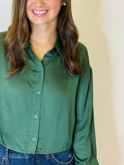 Rory Green Front Button Long Sleeve Transitional Crop Top
