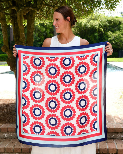 Lucy large square floral scarf in red and navy with modern floral print