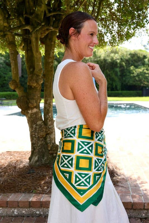 Barrett Tile Scarf | Large Green & Gold Geometric Print Scarf