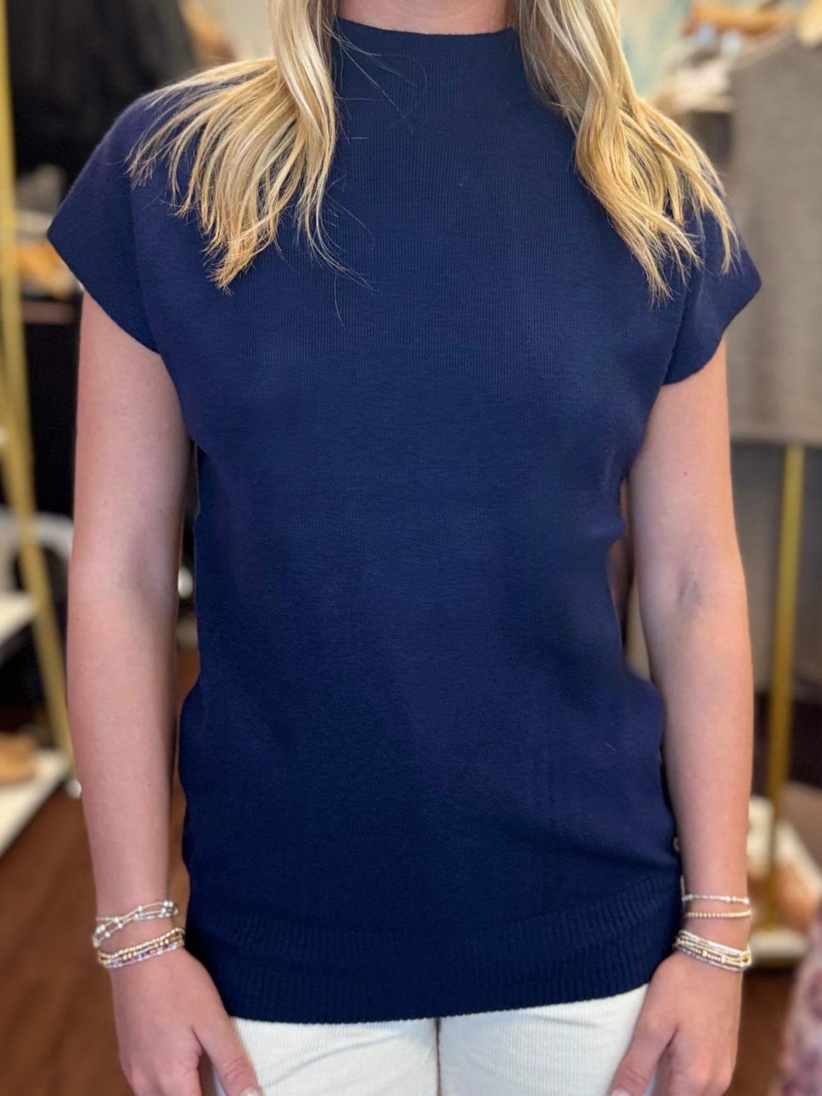 Fine Ribbed Mock Neck Short Sleeve Top in Khaki or Navy | Molly Bracken