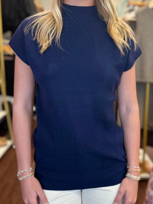 Fine Ribbed Mock Neck Short Sleeve Top in Khaki or Navy | Molly Bracken