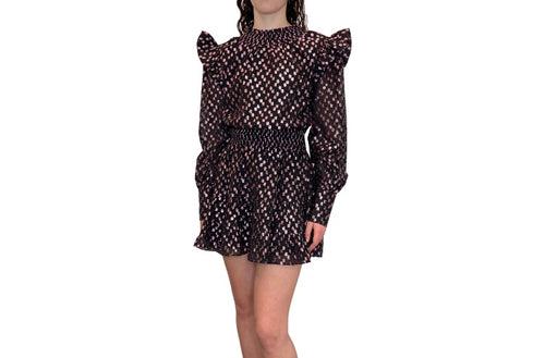 Tally Copper Pennies Pink Shimmer Dot Ruffle Shoulder Keyhole Back Dress