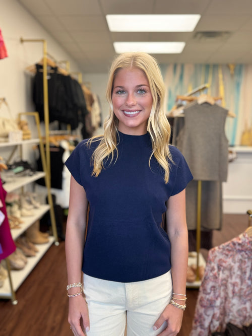 Fine Ribbed Mock Neck Short Sleeve Top in Khaki or Navy | Molly Bracken