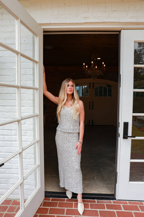 Luster Silver Sequin V Neck Cami Tank Top