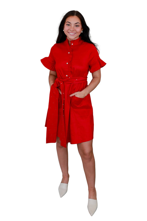Cami Red Pearl Accent Button Up Holiday Dress