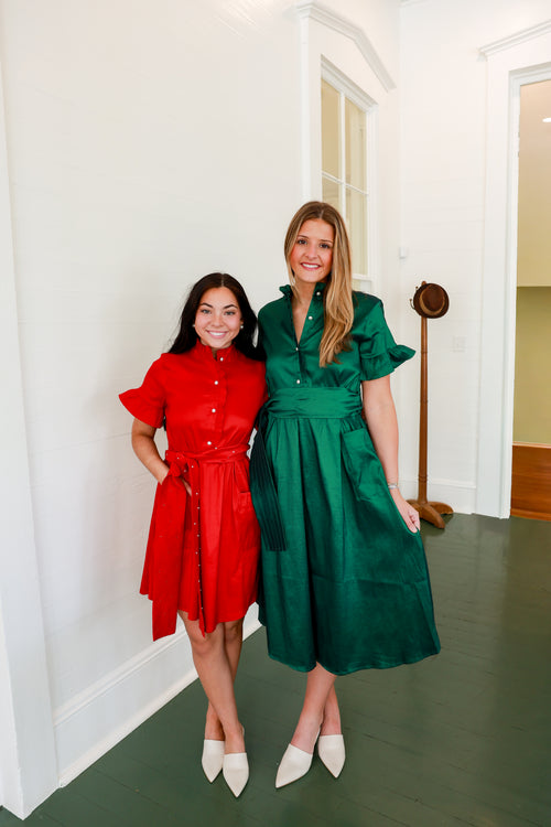 Cami Red Pearl Accent Button Up Holiday Dress