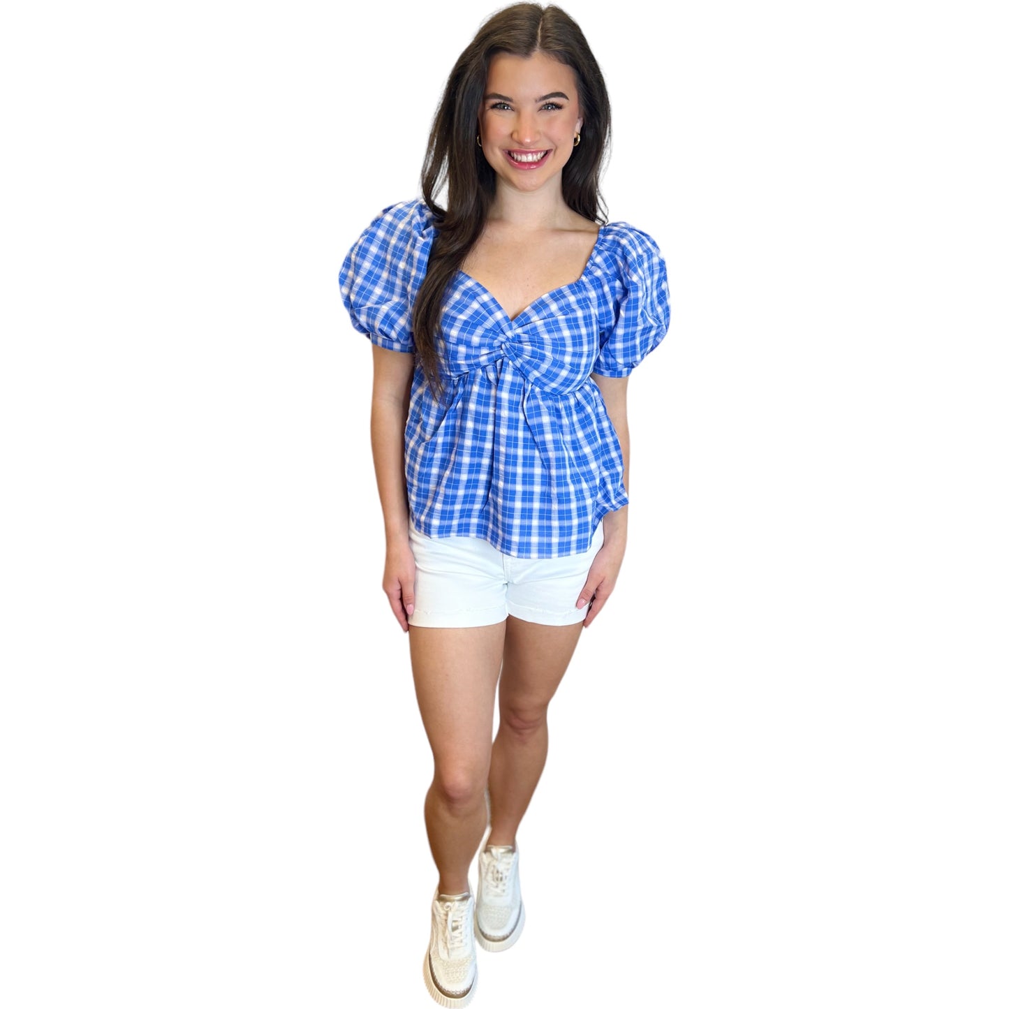 Gingham Twisted Puff Sleeve Top