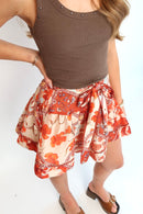 Rust Floral Asymmetrical Tie Waist Crochet Trim Flowy Mini Skirt