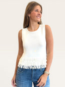 Sleeveless Ribbed Knit Top with Fringe Hem | Fitted Layering Tank