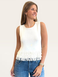 Sleeveless Ribbed Knit Top with Fringe Hem | Fitted Layering Tank