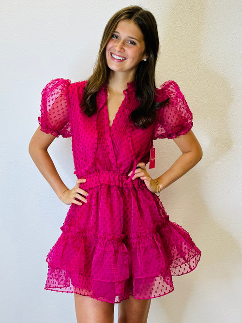 Clementine Dottie Magenta Swiss Dot Puff Sleeve Tiered Mini Dress
