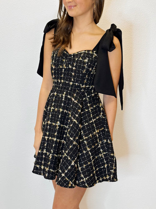 Carter Scorpio Black Gold Tweed Bow Strap Bustier Mini Dress