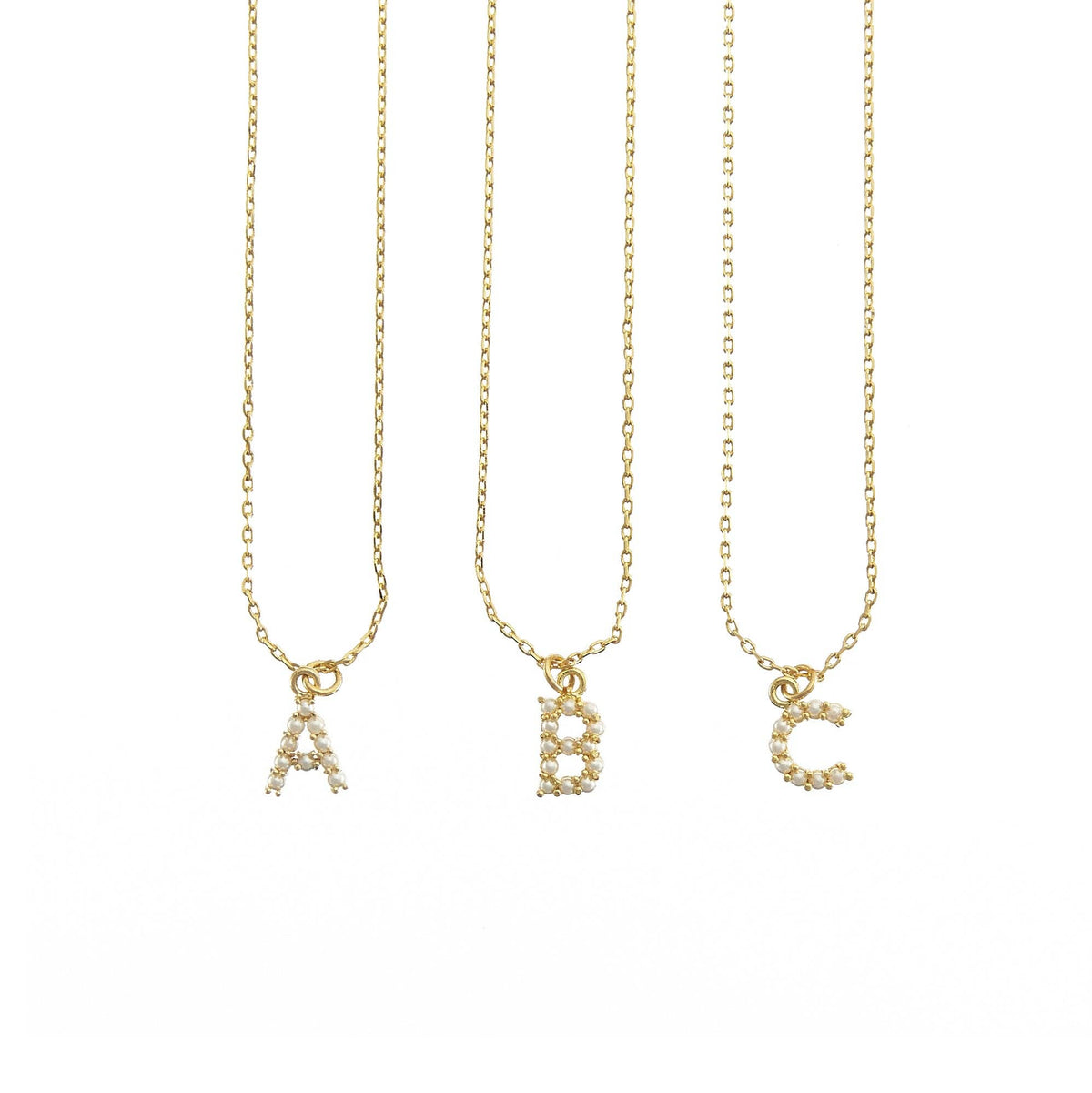18K Gold Dainty Pearl Initial Pendant Necklace: 15" + 3" / S