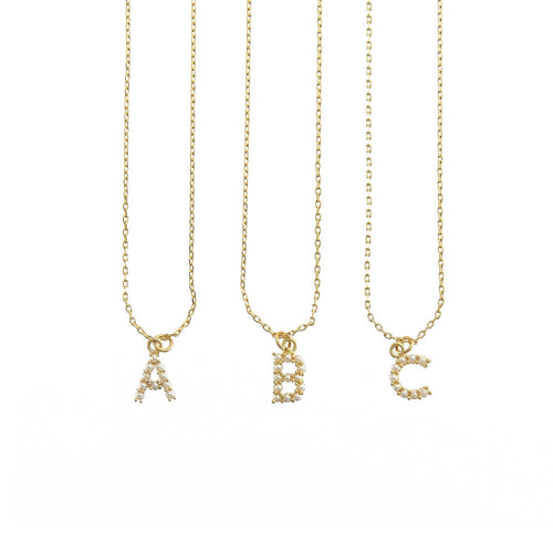 18K Gold Dainty Pearl Initial Pendant Necklace: 15" + 3" / S
