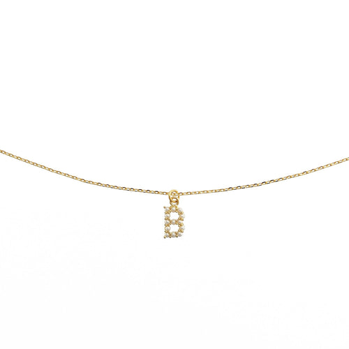 18K Gold Dainty Pearl Initial Pendant Necklace: 15" + 3" / S