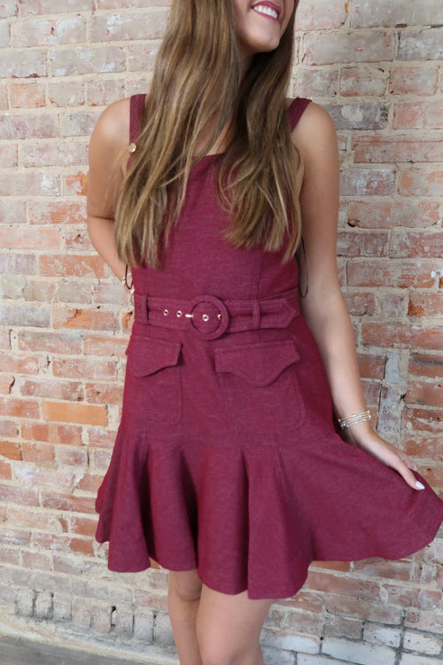 Berry Topstitched Denim Effect Mini Dress | Drop Waist Belted Dress