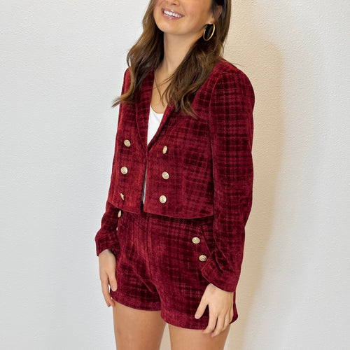 Tricia Merlot Plaid Vintage Gold Button Side Zip Pocket Short