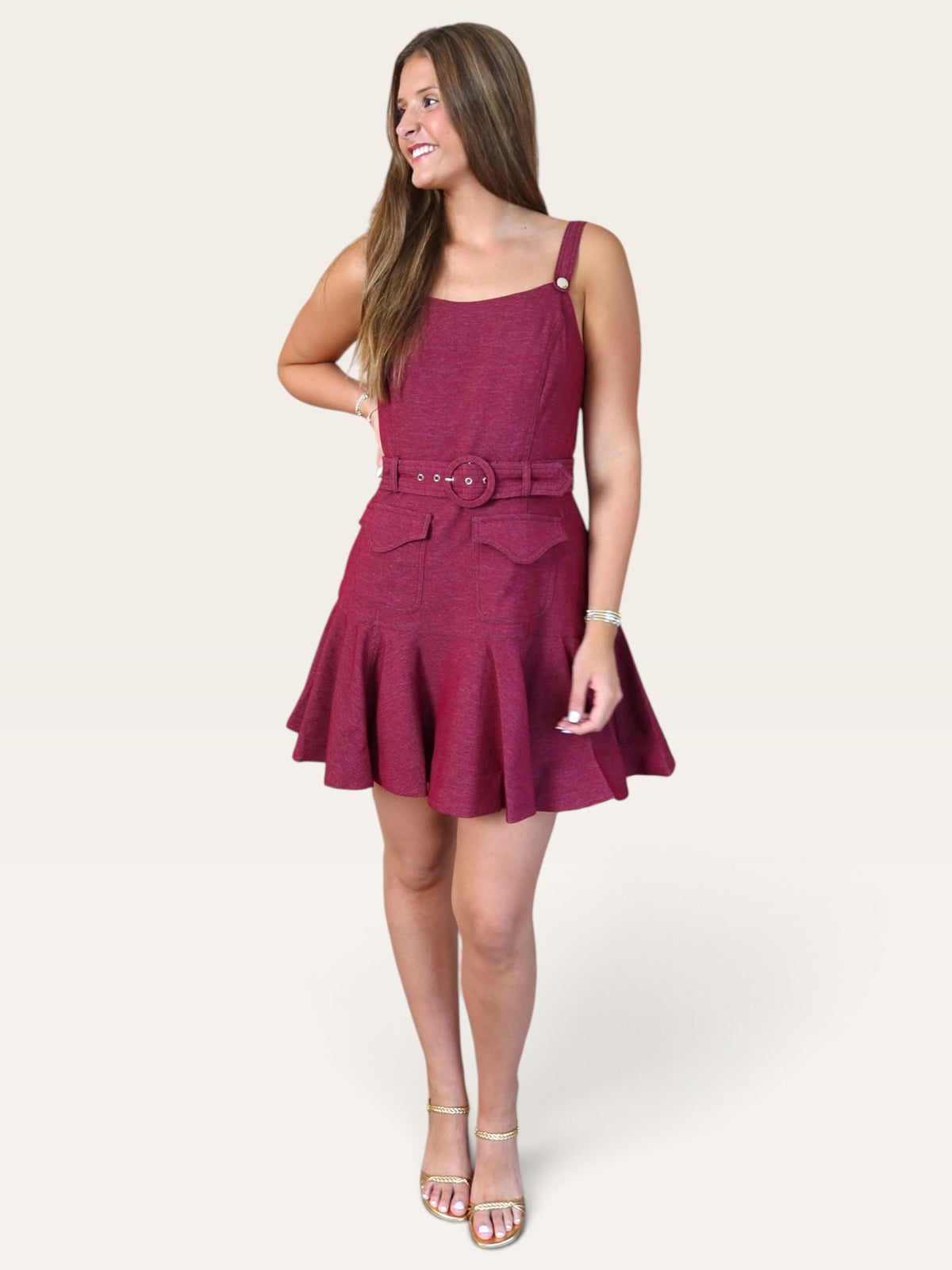 Berry Topstitched Denim Effect Mini Dress | Drop Waist Belted Dress