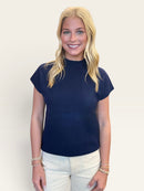 Fine Ribbed Mock Neck Short Sleeve Top in Khaki or Navy | Molly Bracken