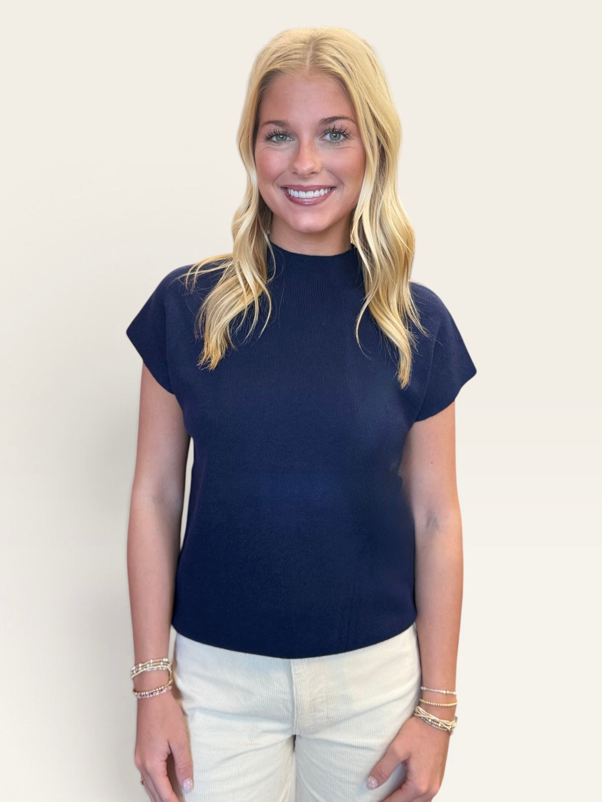 Fine Ribbed Mock Neck Short Sleeve Top in Khaki or Navy | Molly Bracken