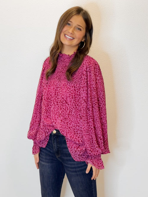 Magenta Leopard Print Smocked Ruffle Neck Balloon Sleeve Top