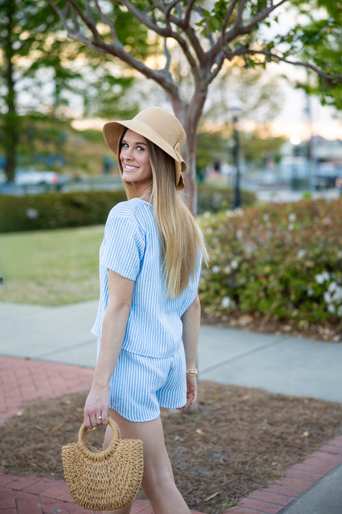 Blue Striped Gauze Two Piece Set | Top + Shorts