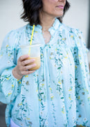 Sarai Blue Floral Ruffle Neck Balloon Sleeve Top