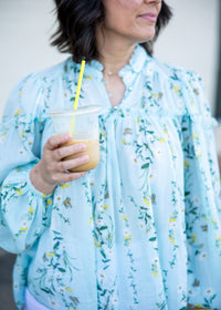 Sarai Blue Floral Ruffle Neck Balloon Sleeve Top